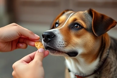 Dog receiving treat for calm behavior on leash