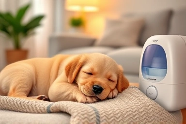 Cozy puppy sleeping on warm blanket in winter home