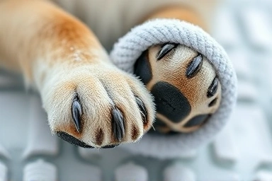 Dog owner carefully drying puppy's paws after winter walk