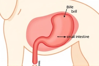 Illustration of dog digestive system showing bile and acid flow