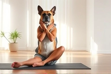 Owner and dog doing yoga, showing deep connection and calm.