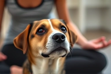Dog looking lovingly at owner during a yoga session.