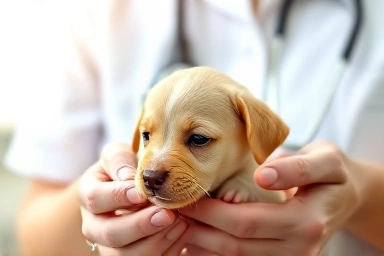 Veterinarian gently examining a healthy female puppy.