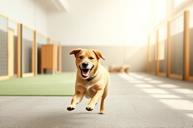 Happy dog playing in a clean, modern dog hotel play area.