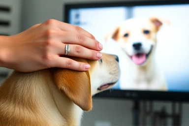 Symbol of trust: human hand petting dog, CCTV monitor in background.