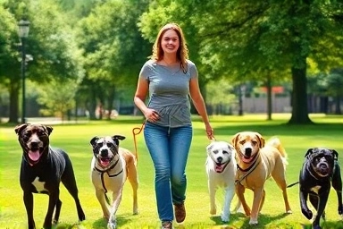 Dog walker with happy dogs in a park