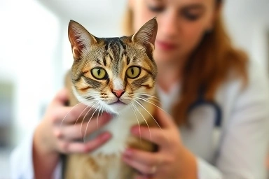 Veterinarian providing preventative care for a cat