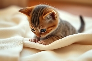 Curious kitten exploring a soft blanket.