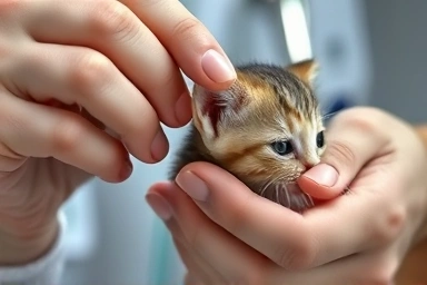 Veterinarian's hands gently examining a kitten.