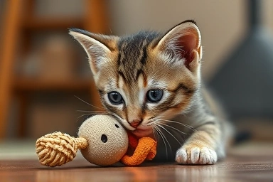 Kitten playing with teething toy, showing gentle chewing.