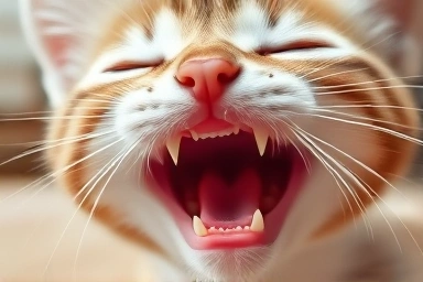 Close-up of a kitten's healthy teeth and gums.
