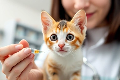 Healthy kitten receiving vaccination from veterinarian.