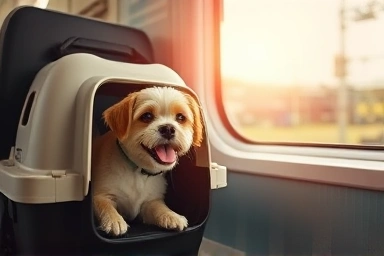 Happy dog in pet carrier on KTX train seat