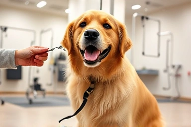 Happy Golden Retriever receiving professional grooming in a spacious salon.