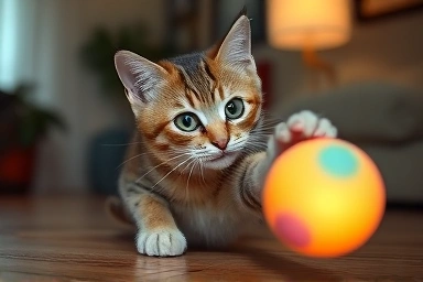 Playful cat interacting with a glowing catnip ball.