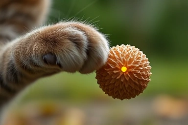 Close-up of cat's paw playing with a captivating toy.