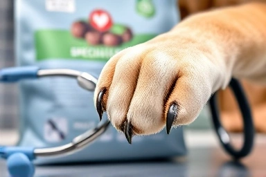 Dog paw on healthy dog food bag with stethoscope