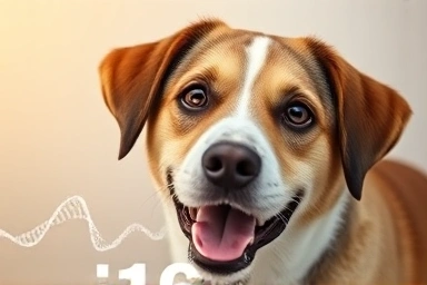 Happy dog with DNA helix, symbolizing pet genetic testing.