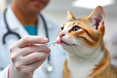 Vet examines cat, saliva sample for genetic testing.
