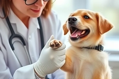 Veterinarian examining a healthy dog's paw with care.