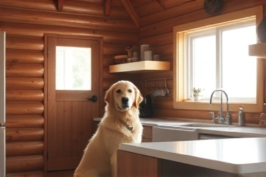 Cozy kitchen in a pet-friendly cabin with a dog.