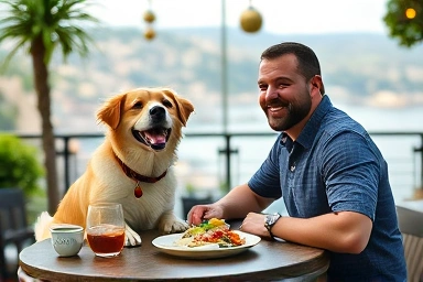 Dog and owner enjoying a meal at an outdoor cafe.