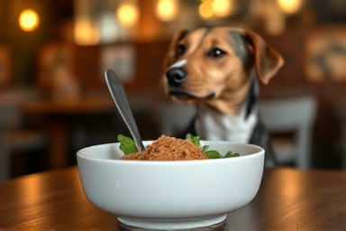 Healthy dog meal served at a pet-friendly restaurant.