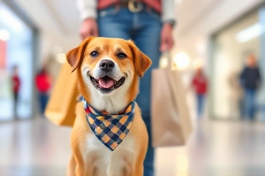 Happy dog and owner enjoying a pet-friendly shopping mall.