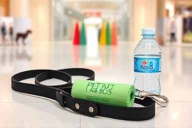 Essential pet supplies for a shopping trip with a dog.