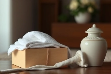 Pet funeral supplies: urn, ice pack, towel, comforting box.