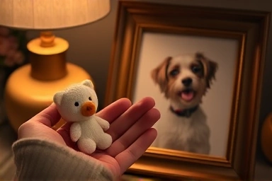 Pet remembrance: toy, photo, hand, love, final farewell.
