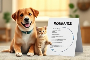 Happy pet family with health insurance document.