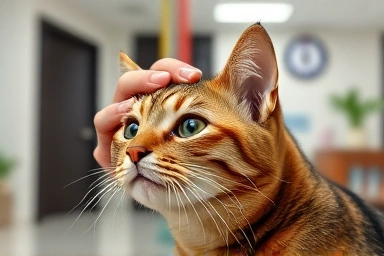 Gentle hand stroking cat, symbolizing veterinary care.