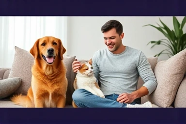Happy pets and owner with financial security concept.