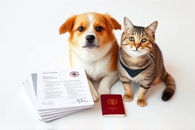 Pets with travel documents, passport, and organized paperwork.