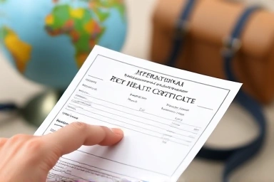 Close-up of pet health certificate review for international travel.