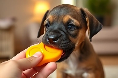Puppy playing with a teething toy