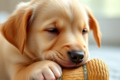 Puppy chewing on a safe teething toy during its teething period.