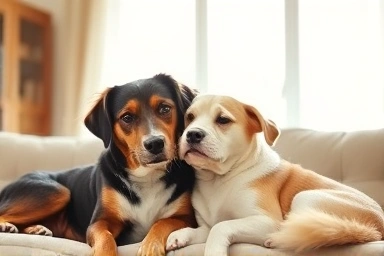 Two dogs harmoniously sharing a living space, symbolizing peaceful coexistence.