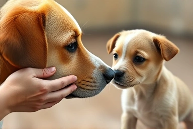 Human hand petting an older dog, with a puppy observing calmly.