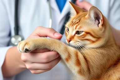 Veterinarian examining an older cat's paw with care