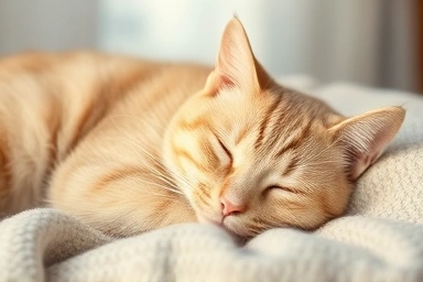 Elderly cat resting peacefully on a soft blanket.