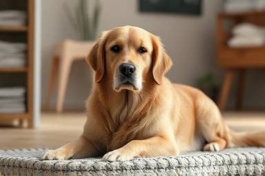 Elderly dog showing calm understanding towards owner.