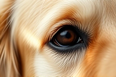 Elderly dog's eye with subtle cataract, loving gaze