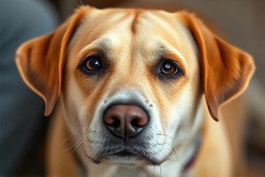 Wise senior dog portrait with gentle eyes and warm lighting.