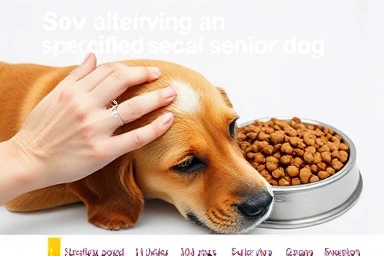 Caring hand gently petting a senior dog's head, symbolizing attentive care.