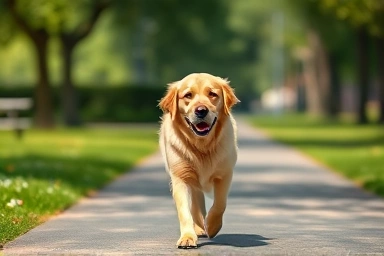 Elderly dog walking happily in a park.