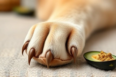 Dog paw resting on soft surface with natural ingredients.