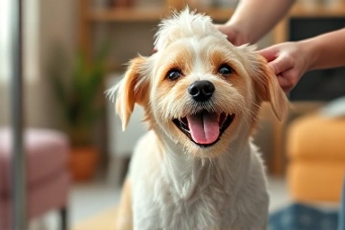 Dog receiving mobile grooming service at home, happy and clean.