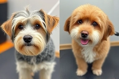 Before and after comparison of a dog's mobile grooming experience.